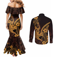 Gold Black Aloha Hawaii Couples Matching Mermaid Dress and Long Sleeve Button Shirt Polynesian Shark Tattoo With Plumeria - Polynesian Pride