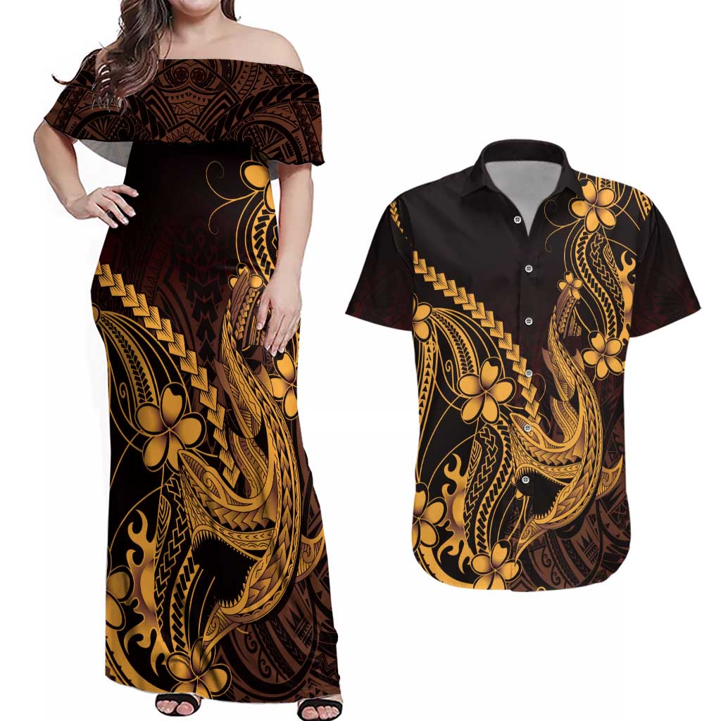 Gold Black Aloha Hawaii Couples Matching Off Shoulder Maxi Dress and Hawaiian Shirt Polynesian Shark Tattoo With Plumeria LT14 Gold - Polynesian Pride