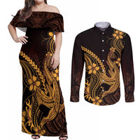 Gold Black Aloha Hawaii Couples Matching Off Shoulder Maxi Dress and Long Sleeve Button Shirt Polynesian Shark Tattoo With Plumeria - Polynesian Pride
