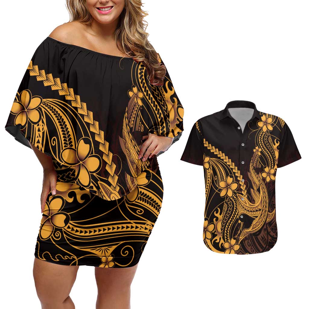 Gold Black Aloha Hawaii Couples Matching Off Shoulder Short Dress and Hawaiian Shirt Polynesian Shark Tattoo With Plumeria - Polynesian Pride
