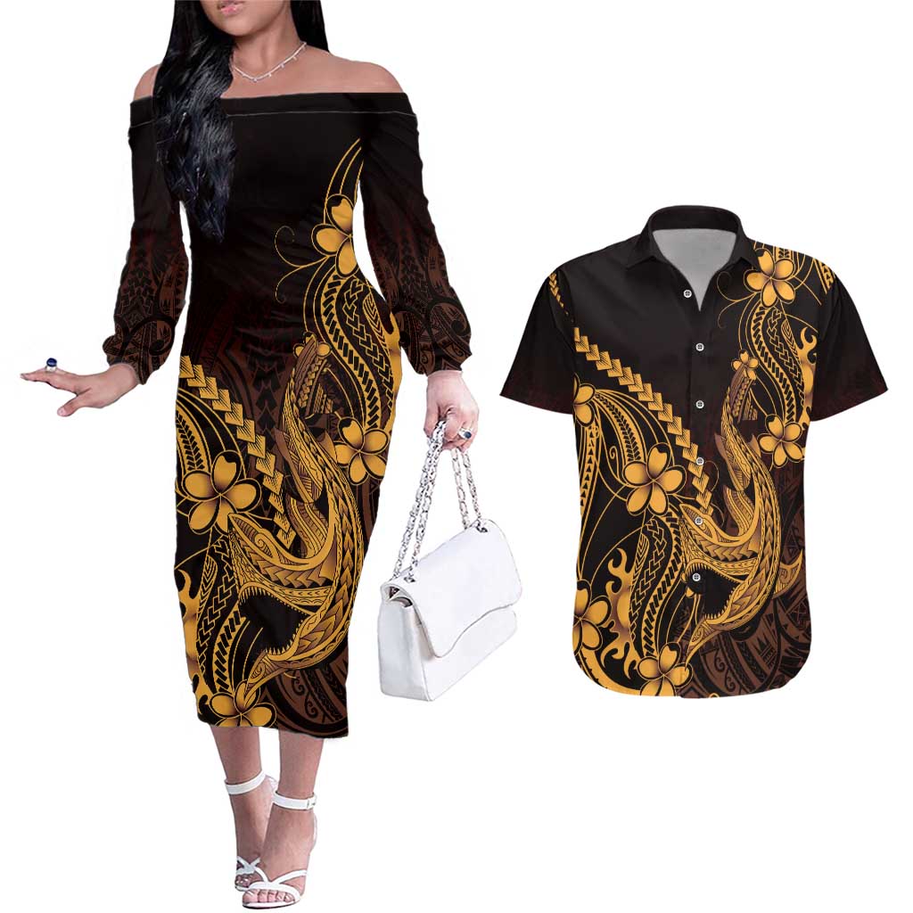 Gold Black Aloha Hawaii Couples Matching Off The Shoulder Long Sleeve Dress and Hawaiian Shirt Polynesian Shark Tattoo With Plumeria - Polynesian Pride