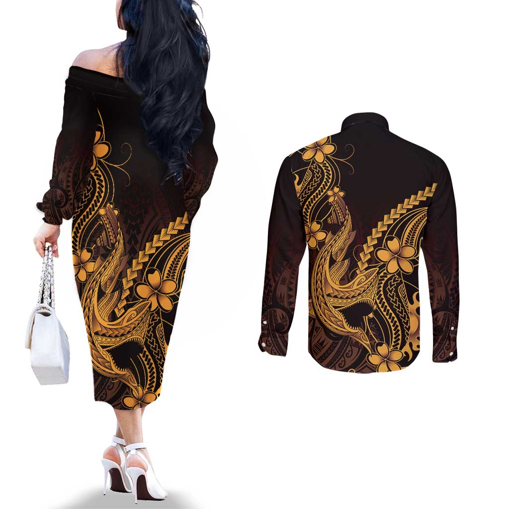 Gold Black Aloha Hawaii Couples Matching Off The Shoulder Long Sleeve Dress and Long Sleeve Button Shirt Polynesian Shark Tattoo With Plumeria - Polynesian Pride