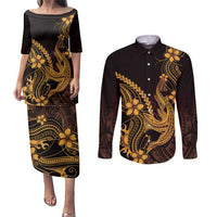Gold Black Aloha Hawaii Couples Matching Puletasi and Long Sleeve Button Shirt Polynesian Shark Tattoo With Plumeria - Polynesian Pride