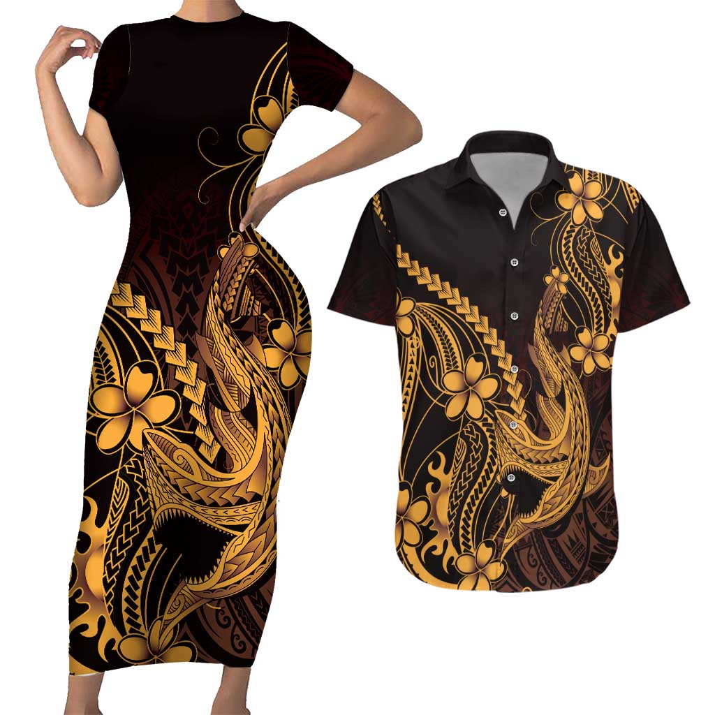 Gold Black Aloha Hawaii Couples Matching Short Sleeve Bodycon Dress and Hawaiian Shirt Polynesian Shark Tattoo With Plumeria LT14 Gold - Polynesian Pride
