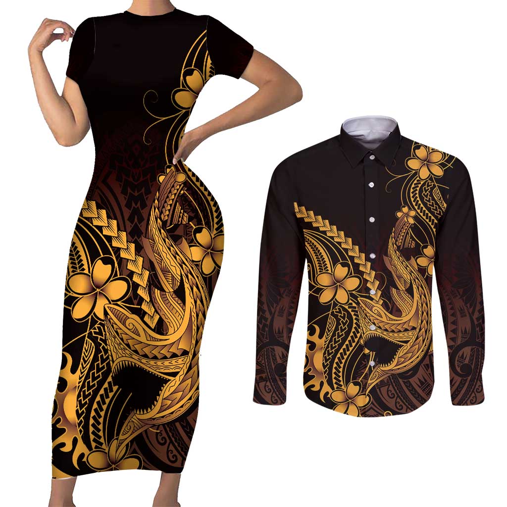 Gold Black Aloha Hawaii Couples Matching Short Sleeve Bodycon Dress and Long Sleeve Button Shirt Polynesian Shark Tattoo With Plumeria - Polynesian Pride