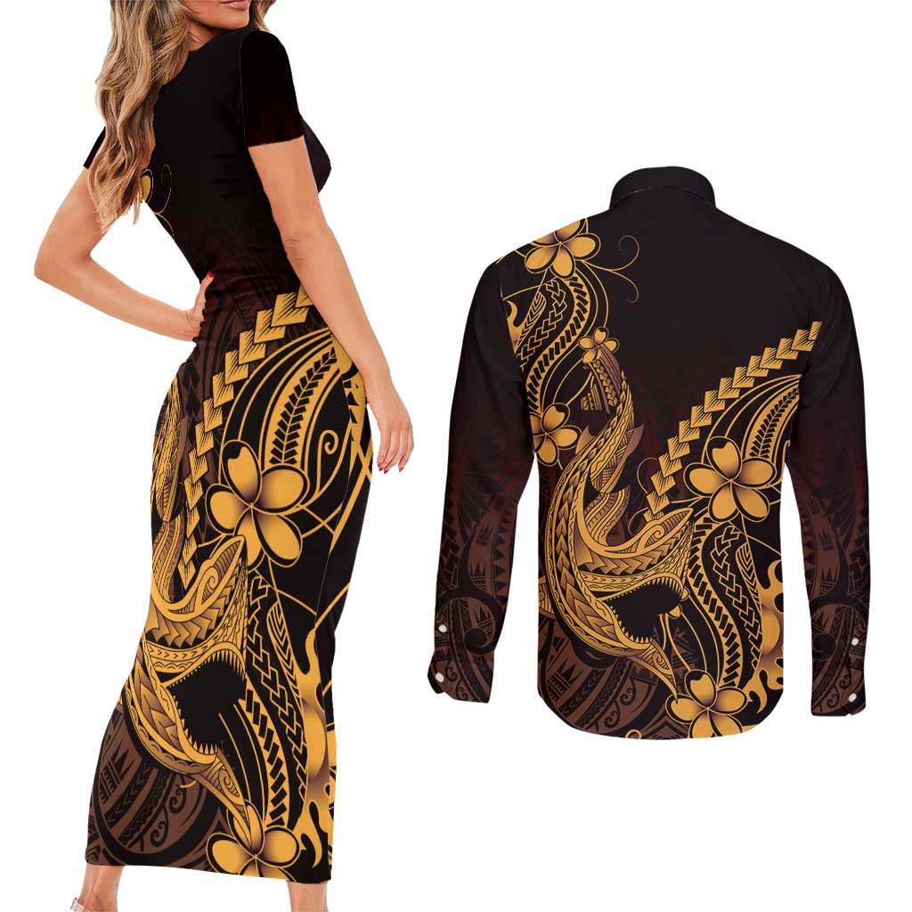 Gold Black Aloha Hawaii Couples Matching Short Sleeve Bodycon Dress and Long Sleeve Button Shirt Polynesian Shark Tattoo With Plumeria - Polynesian Pride