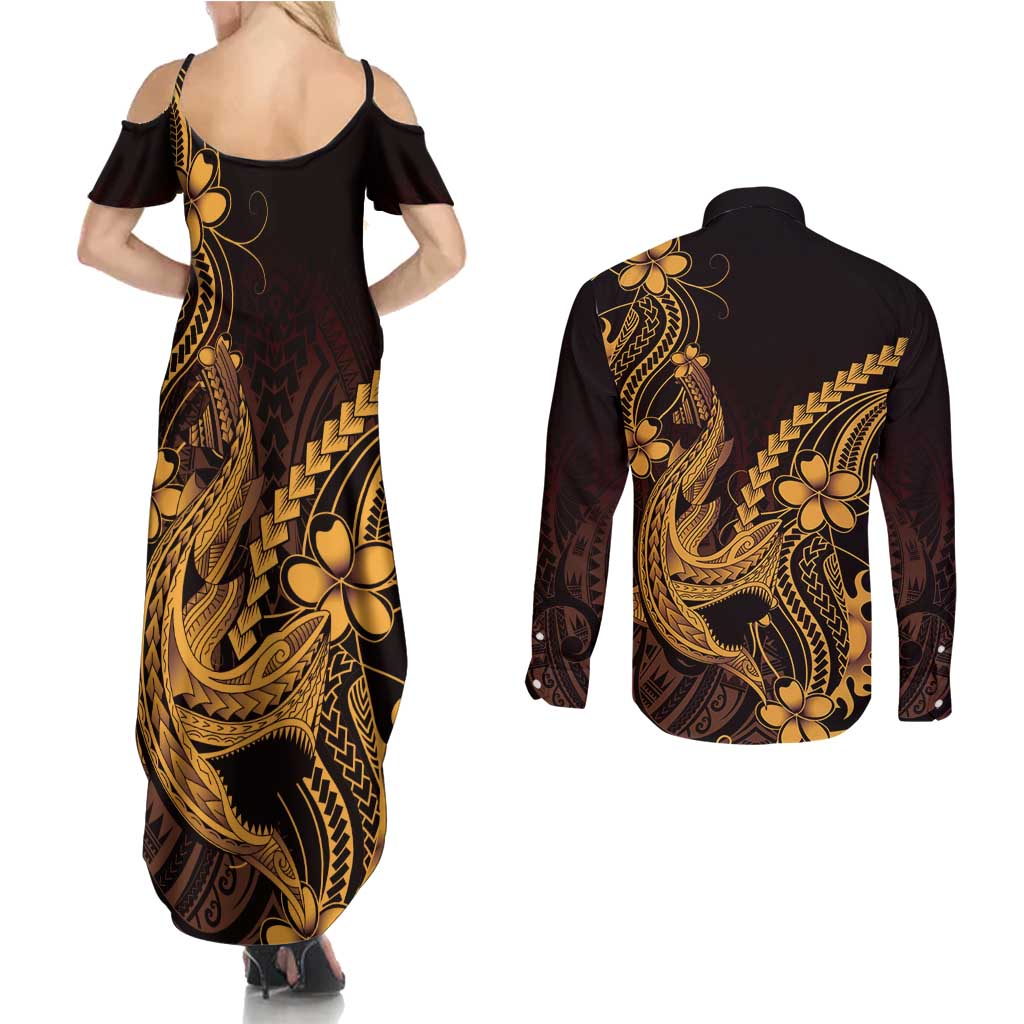 Gold Black Aloha Hawaii Couples Matching Summer Maxi Dress and Long Sleeve Button Shirt Polynesian Shark Tattoo With Plumeria - Polynesian Pride