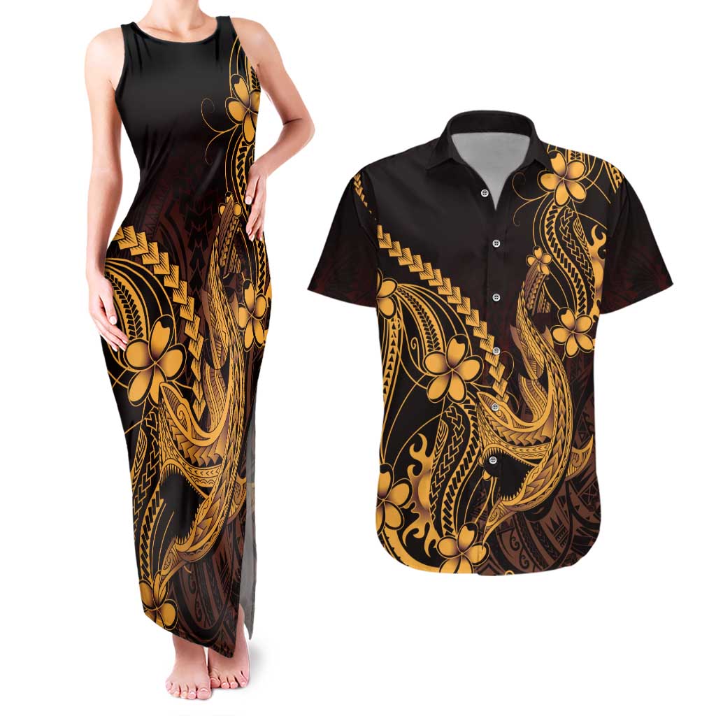 Gold Black Aloha Hawaii Couples Matching Tank Maxi Dress and Hawaiian Shirt Polynesian Shark Tattoo With Plumeria LT14 Gold - Polynesian Pride