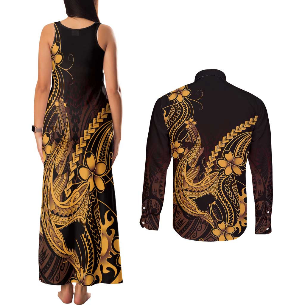 Gold Black Aloha Hawaii Couples Matching Tank Maxi Dress and Long Sleeve Button Shirt Polynesian Shark Tattoo With Plumeria - Polynesian Pride