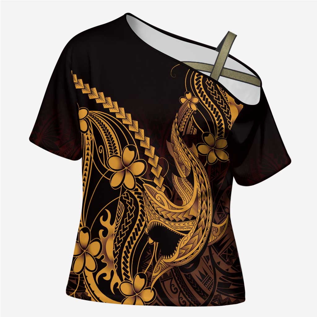 Gold Black Aloha Hawaii Cross Shoulder Shirt Polynesian Shark Tattoo With Plumeria - Polynesian Pride