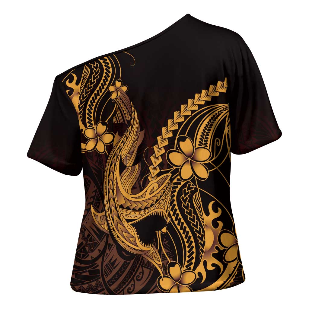 Gold Black Aloha Hawaii Cross Shoulder Shirt Polynesian Shark Tattoo With Plumeria - Polynesian Pride