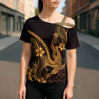 Gold Black Aloha Hawaii Cross Shoulder Shirt Polynesian Shark Tattoo With Plumeria - Polynesian Pride
