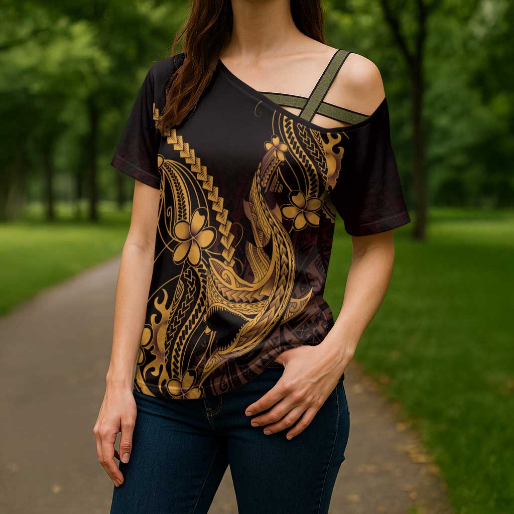 Gold Black Aloha Hawaii Cross Shoulder Shirt Polynesian Shark Tattoo With Plumeria - Polynesian Pride