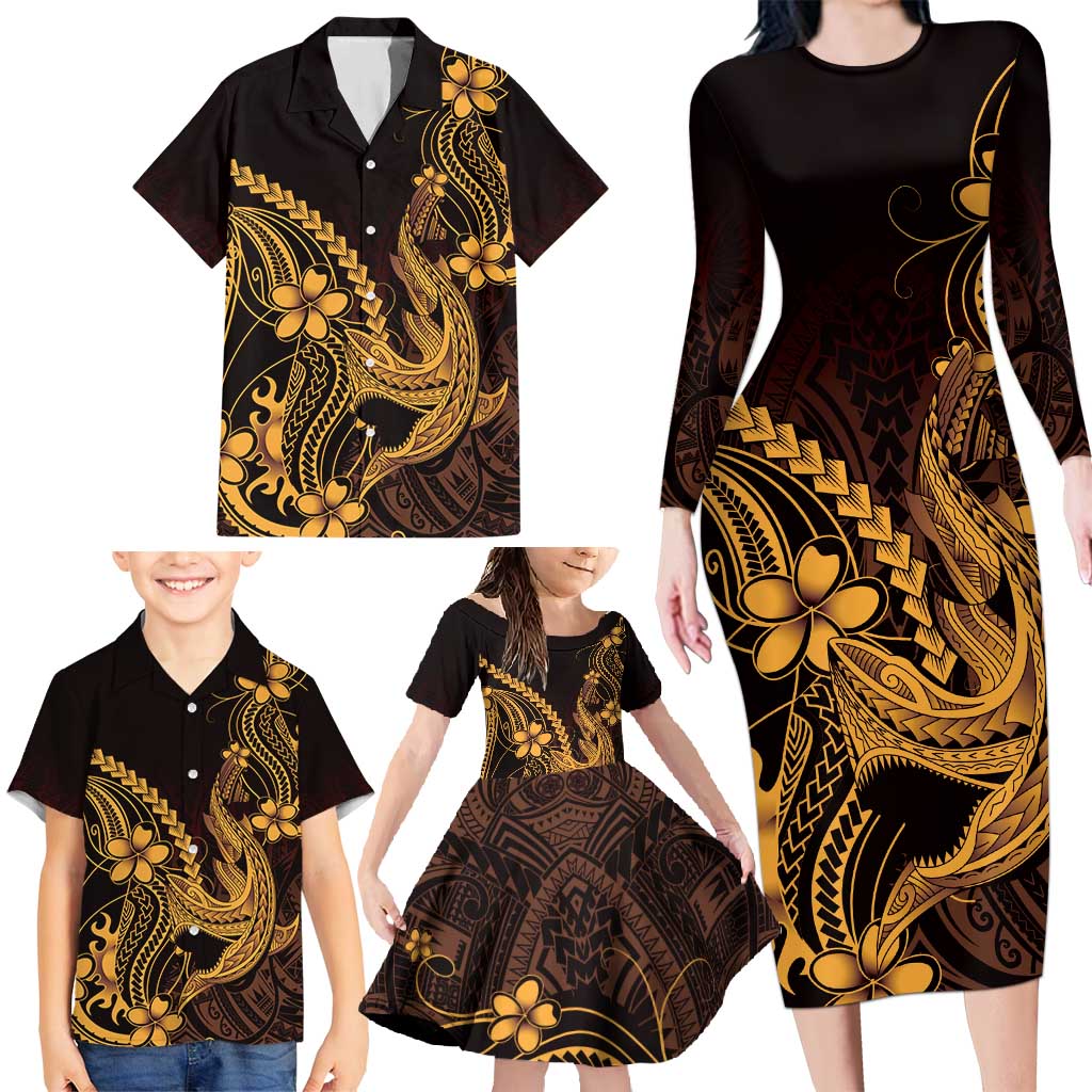 Gold Black Aloha Hawaii Family Matching Long Sleeve Bodycon Dress and Hawaiian Shirt Polynesian Shark Tattoo With Plumeria - Polynesian Pride