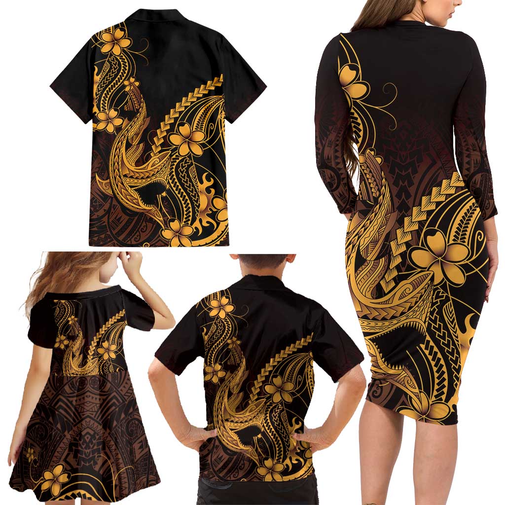 Gold Black Aloha Hawaii Family Matching Long Sleeve Bodycon Dress and Hawaiian Shirt Polynesian Shark Tattoo With Plumeria - Polynesian Pride