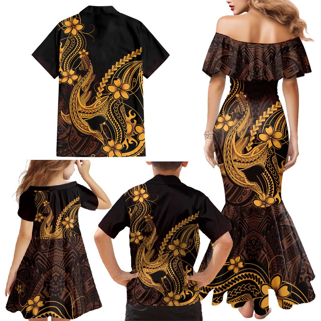 Gold Black Aloha Hawaii Family Matching Mermaid Dress and Hawaiian Shirt Polynesian Shark Tattoo With Plumeria - Polynesian Pride