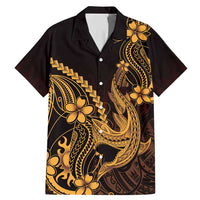 Gold Black Aloha Hawaii Family Matching Mermaid Dress and Hawaiian Shirt Polynesian Shark Tattoo With Plumeria - Polynesian Pride