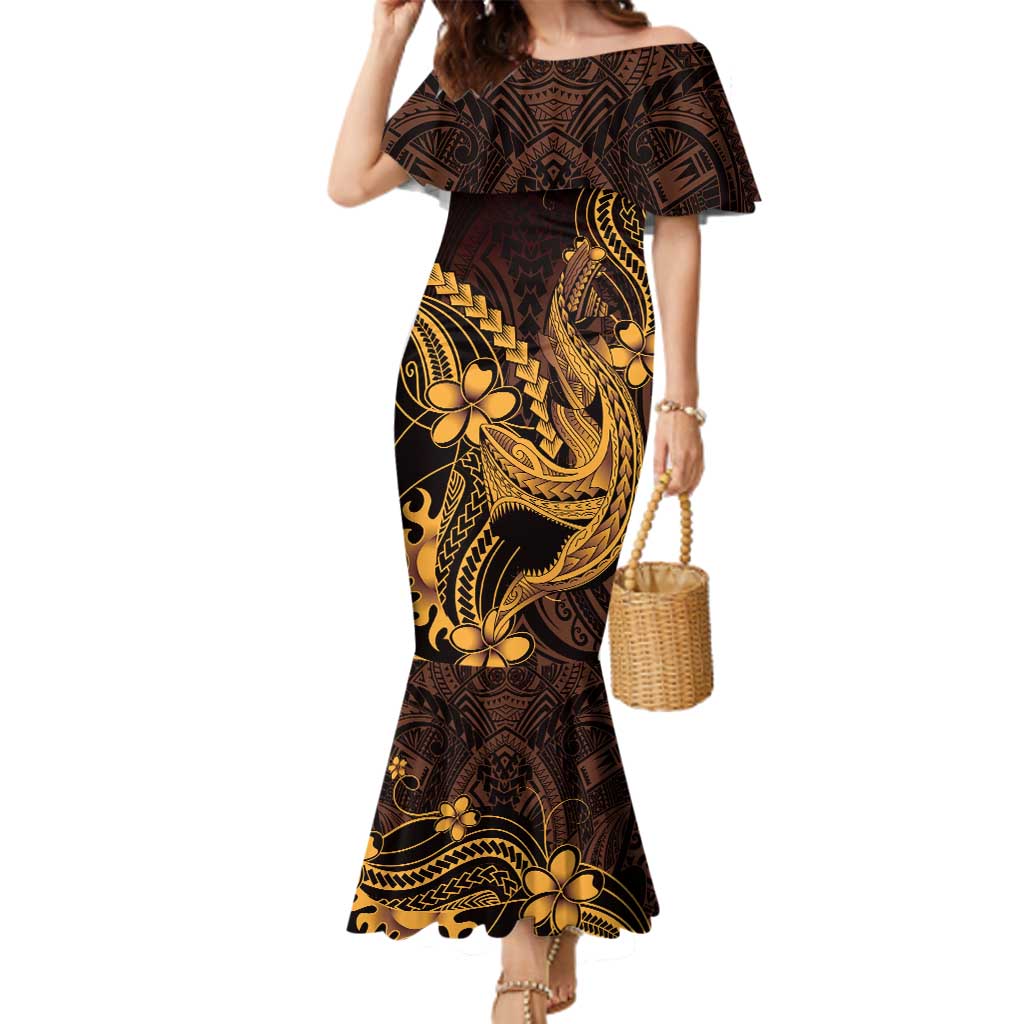 Gold Black Aloha Hawaii Family Matching Mermaid Dress and Hawaiian Shirt Polynesian Shark Tattoo With Plumeria - Polynesian Pride