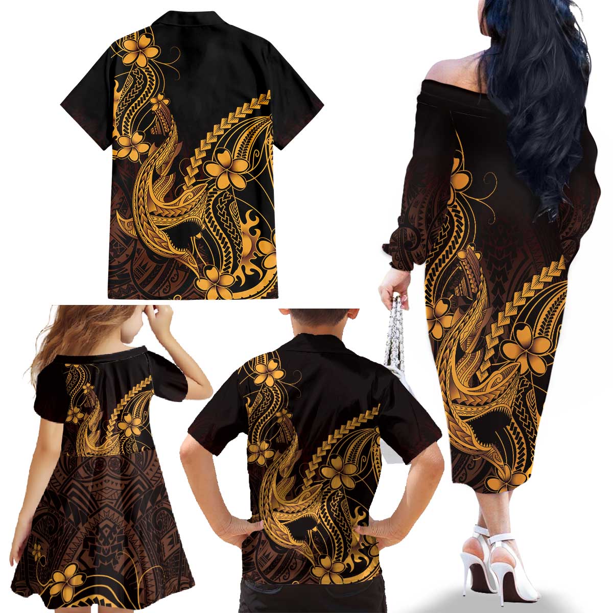 Gold Black Aloha Hawaii Family Matching Off The Shoulder Long Sleeve Dress and Hawaiian Shirt Polynesian Shark Tattoo With Plumeria - Polynesian Pride
