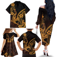 Gold Black Aloha Hawaii Family Matching Off The Shoulder Long Sleeve Dress and Hawaiian Shirt Polynesian Shark Tattoo With Plumeria - Polynesian Pride