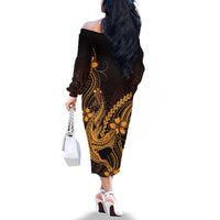 Gold Black Aloha Hawaii Family Matching Off The Shoulder Long Sleeve Dress and Hawaiian Shirt Polynesian Shark Tattoo With Plumeria - Polynesian Pride