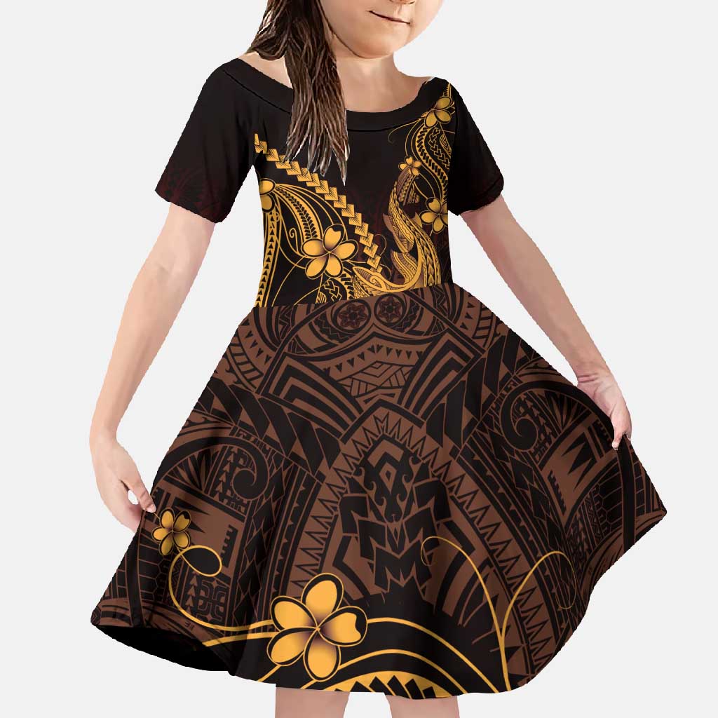 Gold Black Aloha Hawaii Family Matching Off Shoulder Maxi Dress and Hawaiian Shirt Polynesian Shark Tattoo With Plumeria - Polynesian Pride