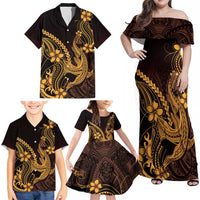 Gold Black Aloha Hawaii Family Matching Off Shoulder Maxi Dress and Hawaiian Shirt Polynesian Shark Tattoo With Plumeria - Polynesian Pride
