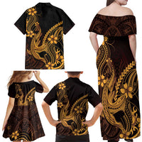 Gold Black Aloha Hawaii Family Matching Off Shoulder Maxi Dress and Hawaiian Shirt Polynesian Shark Tattoo With Plumeria - Polynesian Pride