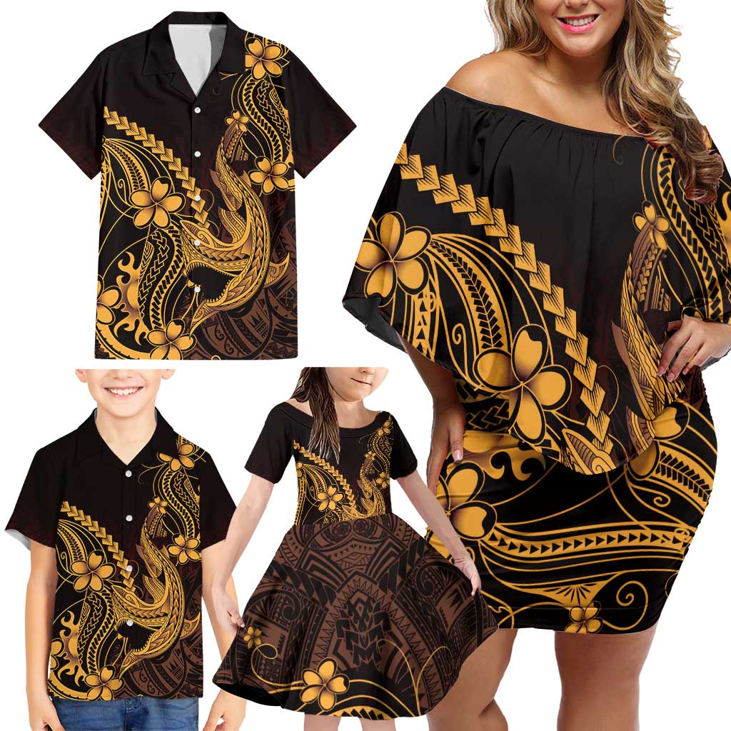 Gold Black Aloha Hawaii Family Matching Off Shoulder Short Dress and Hawaiian Shirt Polynesian Shark Tattoo With Plumeria - Polynesian Pride