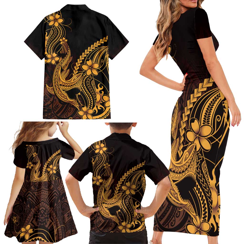 Gold Black Aloha Hawaii Family Matching Short Sleeve Bodycon Dress and Hawaiian Shirt Polynesian Shark Tattoo With Plumeria - Polynesian Pride
