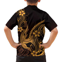 Gold Black Aloha Hawaii Family Matching Summer Maxi Dress and Hawaiian Shirt Polynesian Shark Tattoo With Plumeria - Polynesian Pride