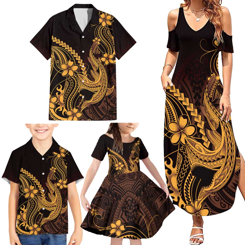 Gold Black Aloha Hawaii Family Matching Summer Maxi Dress and Hawaiian Shirt Polynesian Shark Tattoo With Plumeria - Polynesian Pride