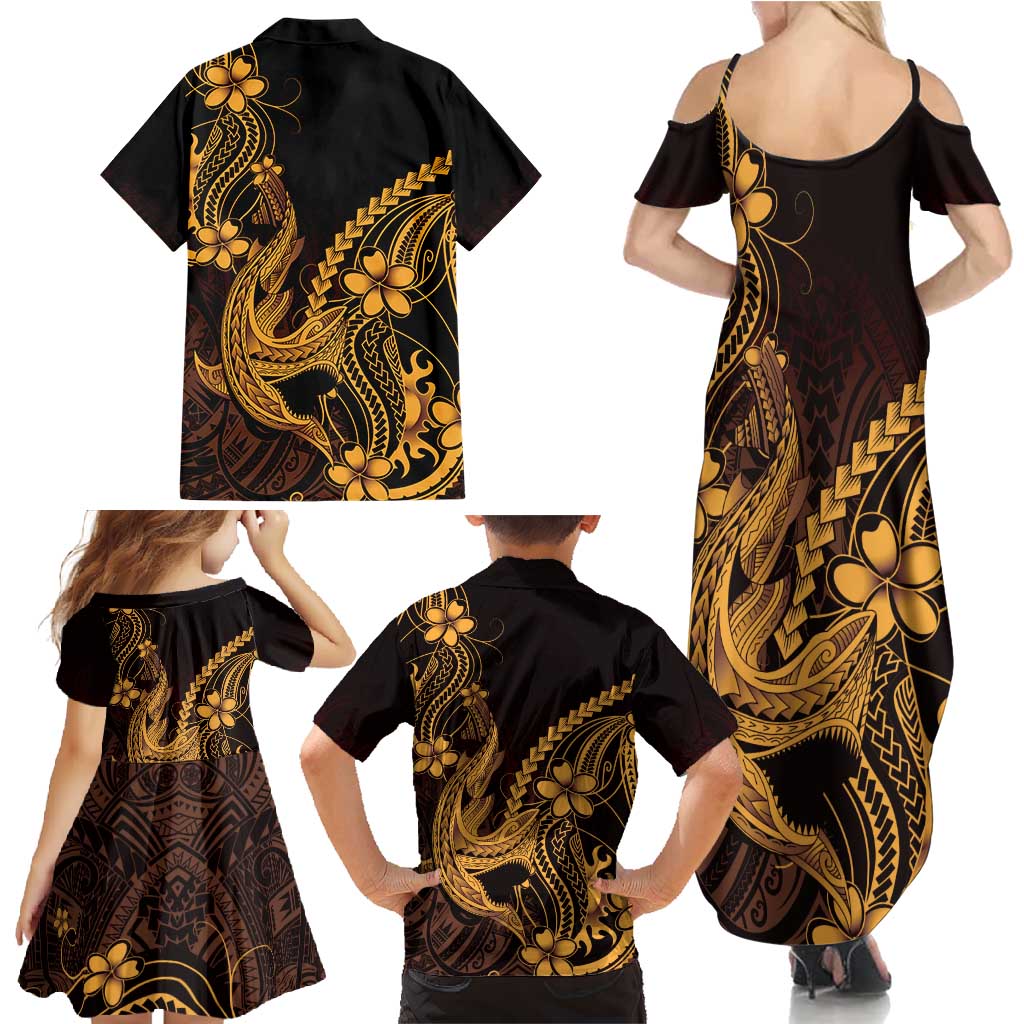 Gold Black Aloha Hawaii Family Matching Summer Maxi Dress and Hawaiian Shirt Polynesian Shark Tattoo With Plumeria - Polynesian Pride