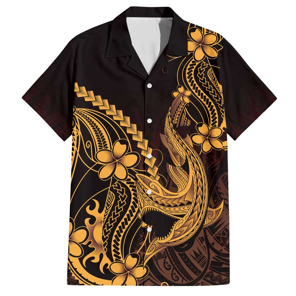 Gold Black Aloha Hawaii Family Matching Summer Maxi Dress and Hawaiian Shirt Polynesian Shark Tattoo With Plumeria - Polynesian Pride