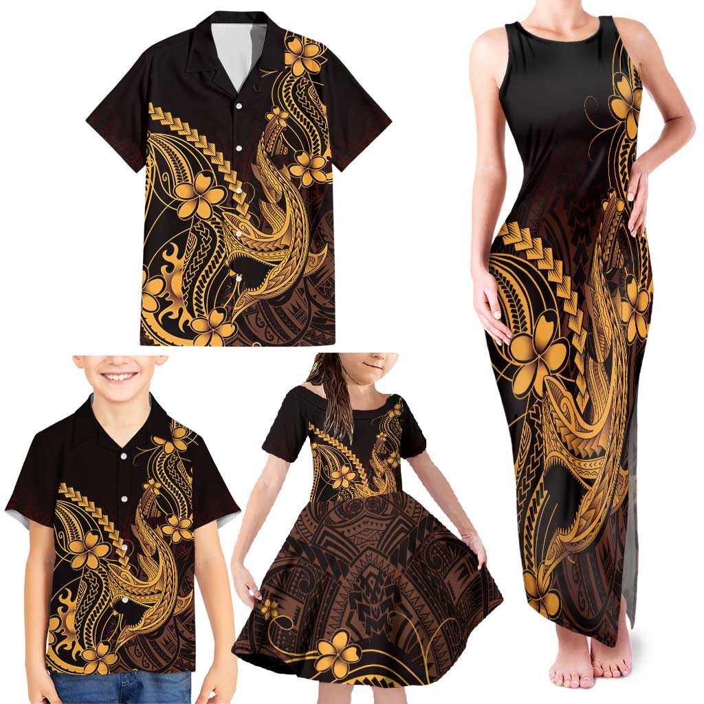 Gold Black Aloha Hawaii Family Matching Tank Maxi Dress and Hawaiian Shirt Polynesian Shark Tattoo With Plumeria - Polynesian Pride
