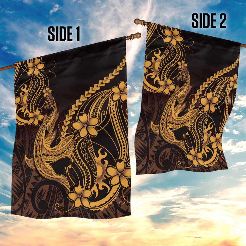 Gold Black Aloha Hawaii Garden Flag Polynesian Shark Tattoo With Plumeria - Polynesian Pride