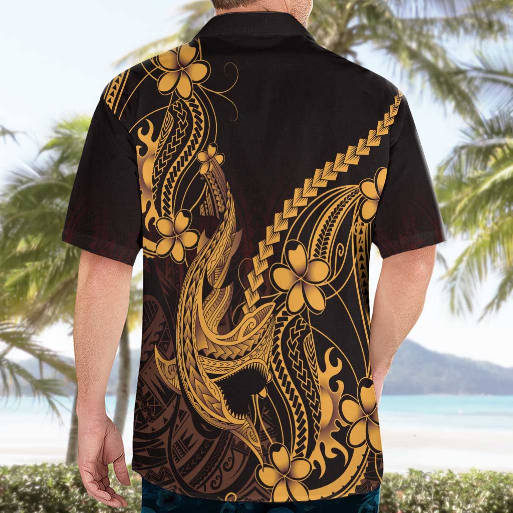 Gold Black Aloha Hawaii Hawaiian Shirt Polynesian Shark Tattoo With Plumeria - Polynesian Pride
