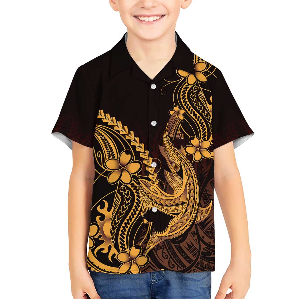 Gold Black Aloha Hawaii Hawaiian Shirt Polynesian Shark Tattoo With Plumeria - Polynesian Pride