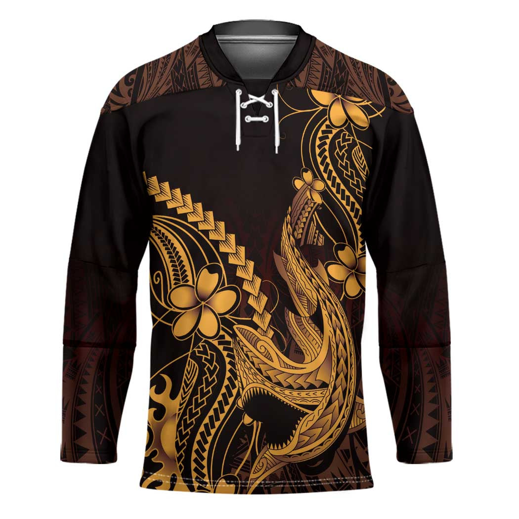 Gold Black Aloha Hawaii Hockey Jersey Polynesian Shark Tattoo With Plumeria - Polynesian Pride