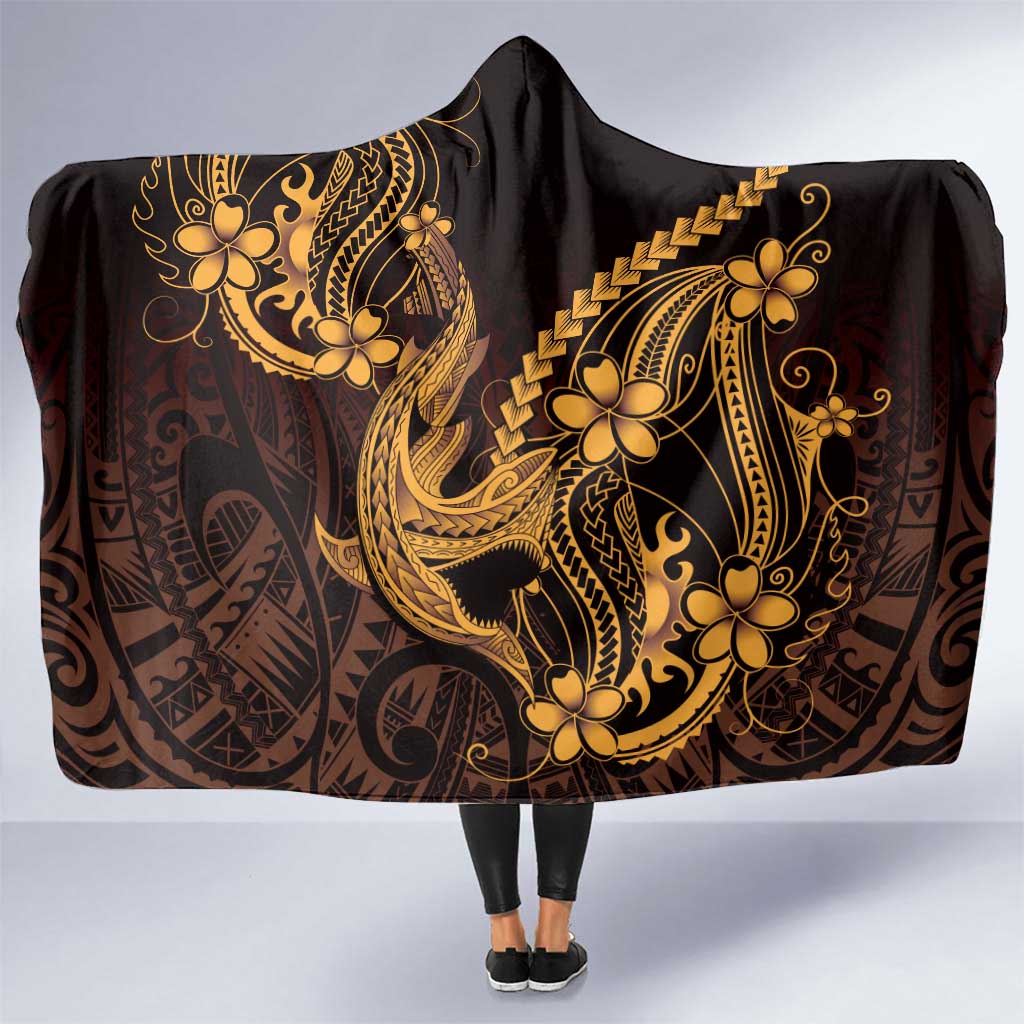Gold Black Aloha Hawaii Hooded Blanket Polynesian Shark Tattoo With Plumeria - Polynesian Pride