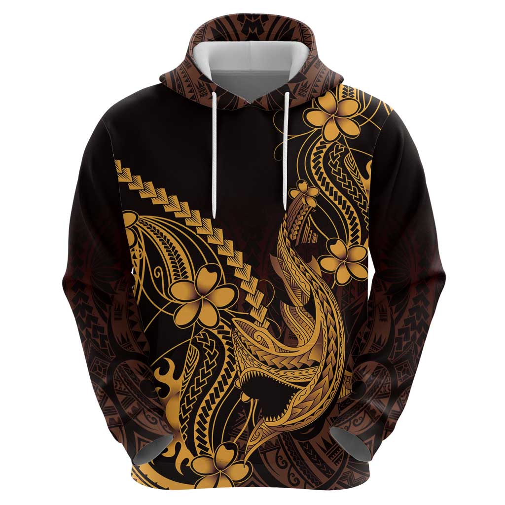 Gold Black Aloha Hawaii Hoodie Polynesian Shark Tattoo With Plumeria LT14 - Polynesian Pride