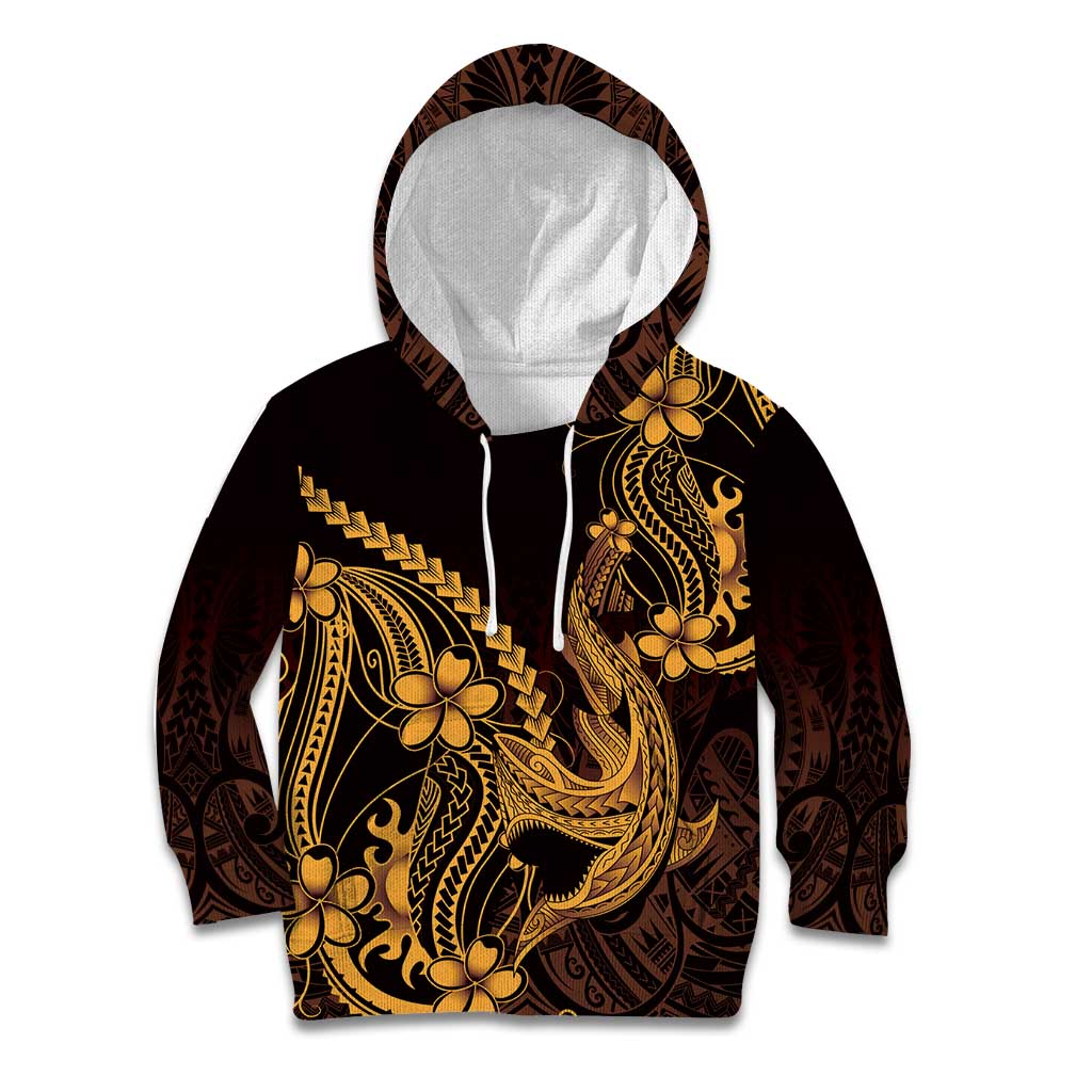 Gold Black Aloha Hawaii Kid Hoodie Polynesian Shark Tattoo With Plumeria - Polynesian Pride