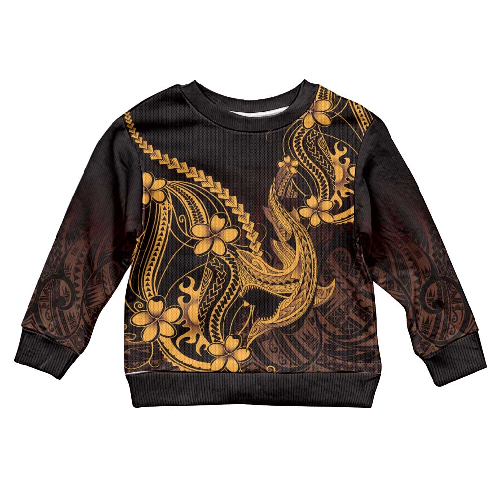 Gold Black Aloha Hawaii Kid Ugly Christmas Sweater Polynesian Shark Tattoo With Plumeria - Polynesian Pride
