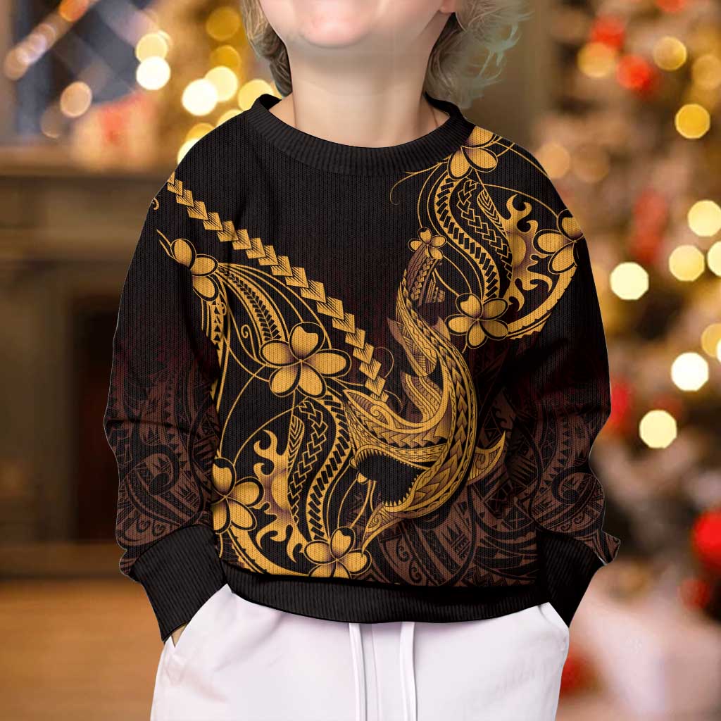 Gold Black Aloha Hawaii Kid Ugly Christmas Sweater Polynesian Shark Tattoo With Plumeria - Polynesian Pride