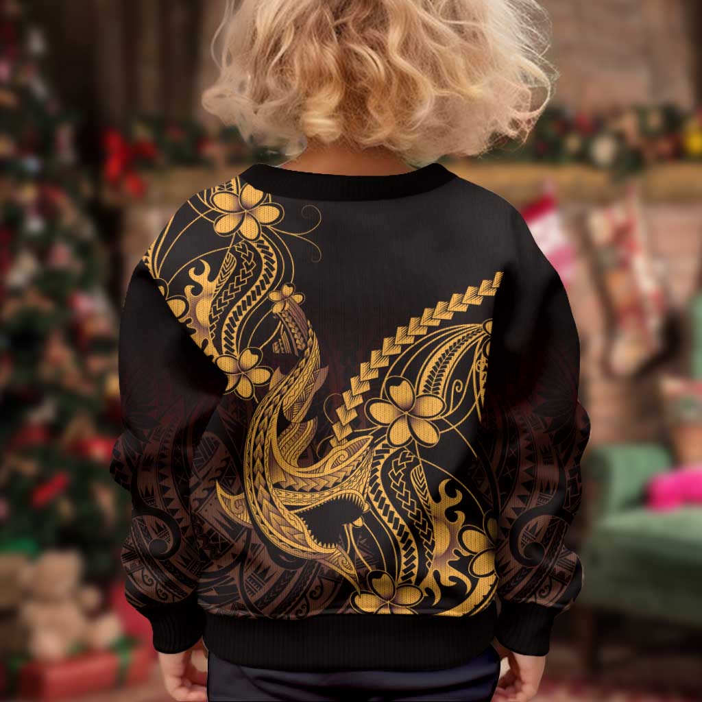 Gold Black Aloha Hawaii Kid Ugly Christmas Sweater Polynesian Shark Tattoo With Plumeria - Polynesian Pride