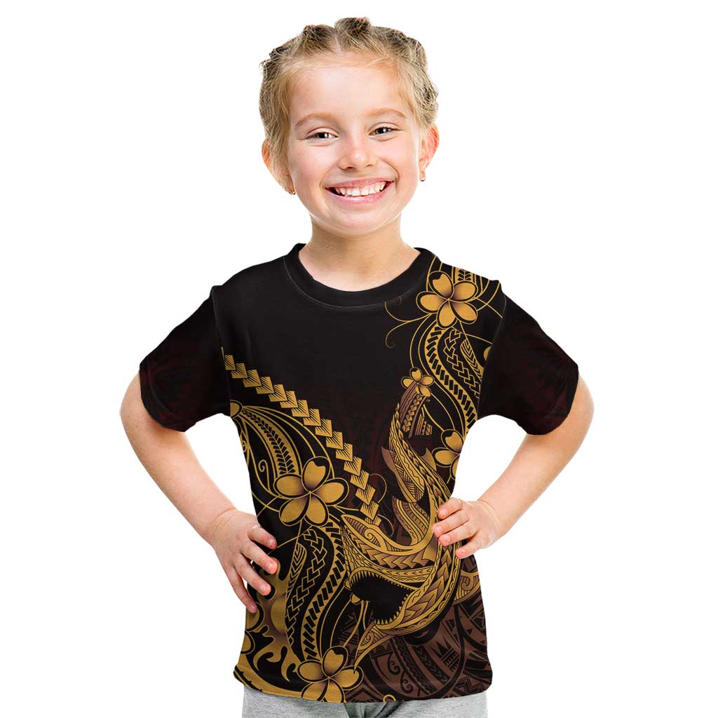 Gold Black Aloha Hawaii Kid T Shirt Polynesian Shark Tattoo With Plumeria LT14 Gold - Polynesian Pride