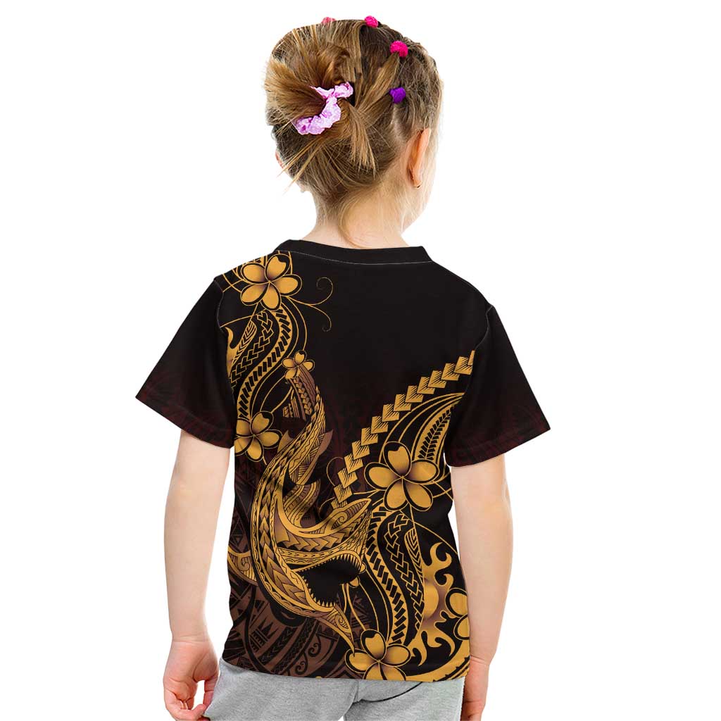 Gold Black Aloha Hawaii Kid T Shirt Polynesian Shark Tattoo With Plumeria - Polynesian Pride