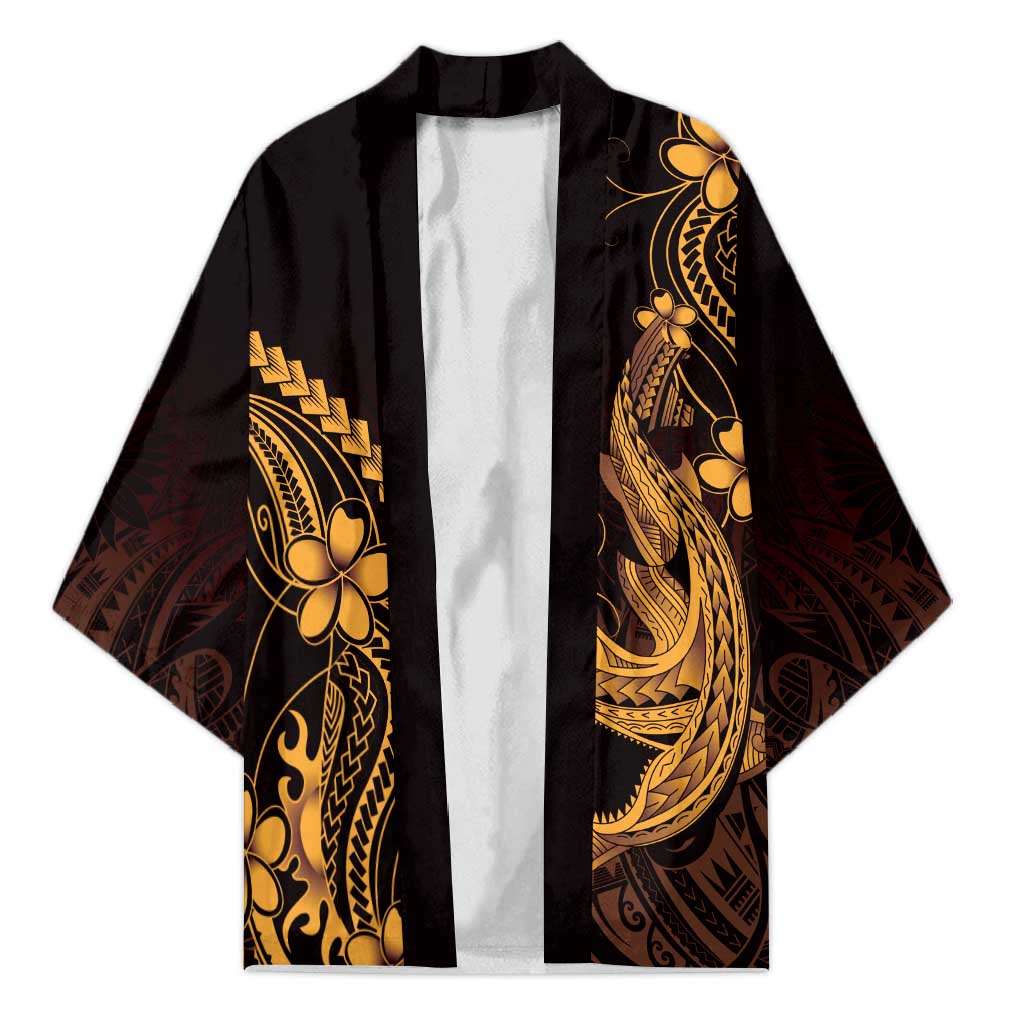 Gold Black Aloha Hawaii Kimono Polynesian Shark Tattoo With Plumeria LT14 Unisex Gold - Polynesian Pride
