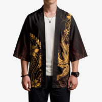 Gold Black Aloha Hawaii Kimono Polynesian Shark Tattoo With Plumeria - Polynesian Pride