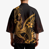 Gold Black Aloha Hawaii Kimono Polynesian Shark Tattoo With Plumeria - Polynesian Pride